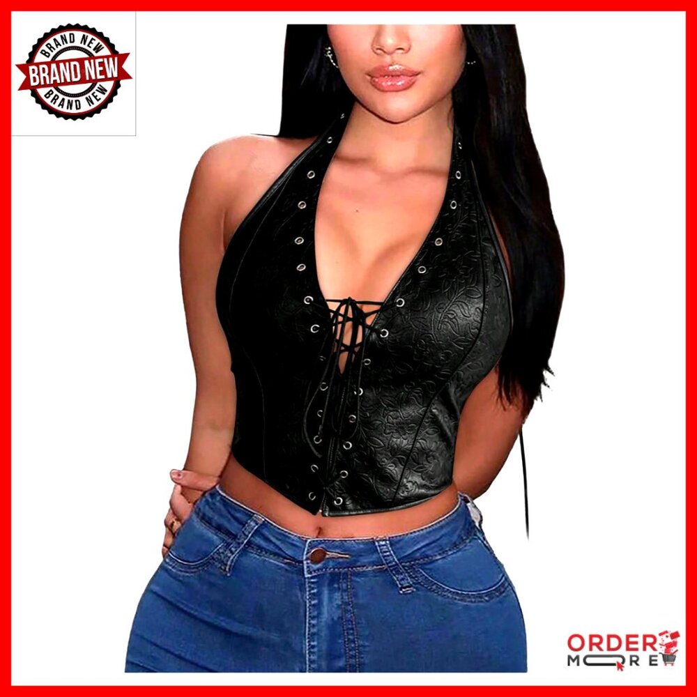 Sexy Corset Halter Top Backless Lace Up Cropped Faux Leather Party Wear